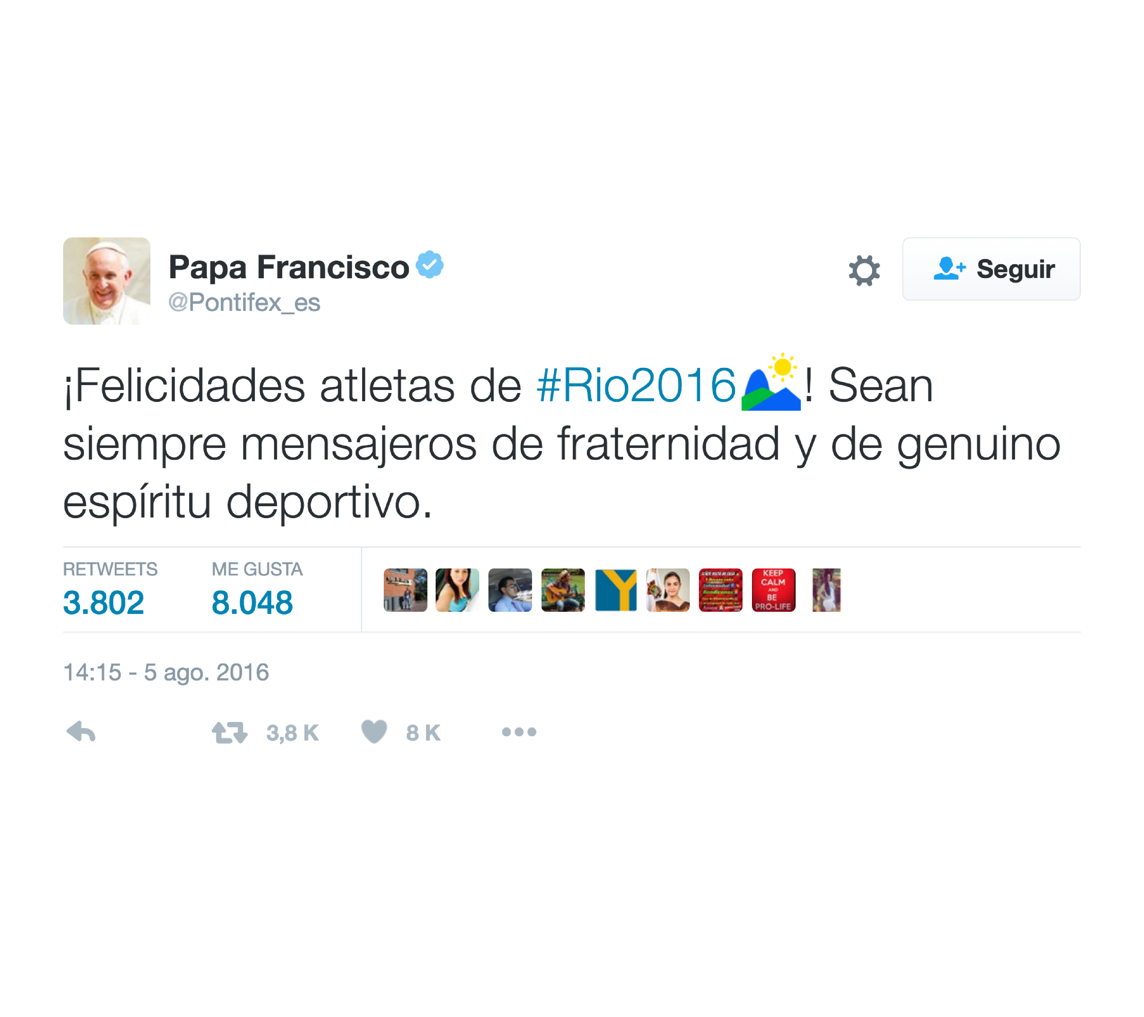 El Papa bendice en un tuit a los atletas de los Juegos Olímpicos de Río 2016